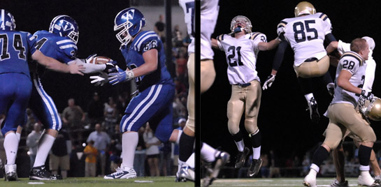 HHS_WAHS_DSC0131b As the West Albany players begin to celebrate their potential win after blocking Hillsboro's final seconds fieldgoal attempt (photo right), Zack Hickman of Hillsboro hands the live ball to teammate Kyle McLennan who runs the ball into the endzone only to have his run nullified by an inadvertent whistle by the officiating crew.